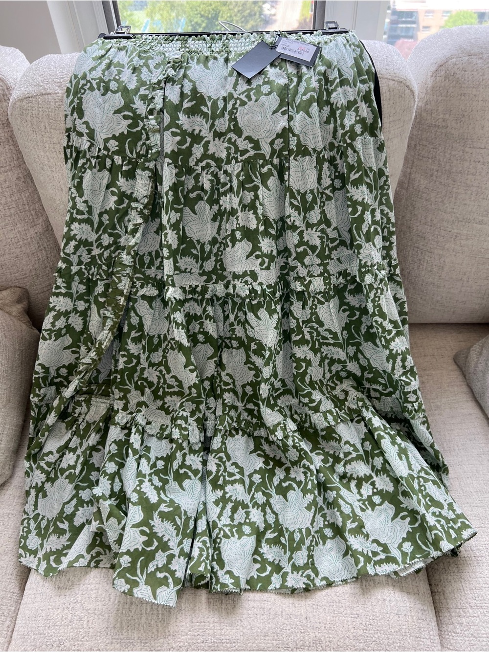 Maje Olive Green and White Floral Tiered Maxi Skirt